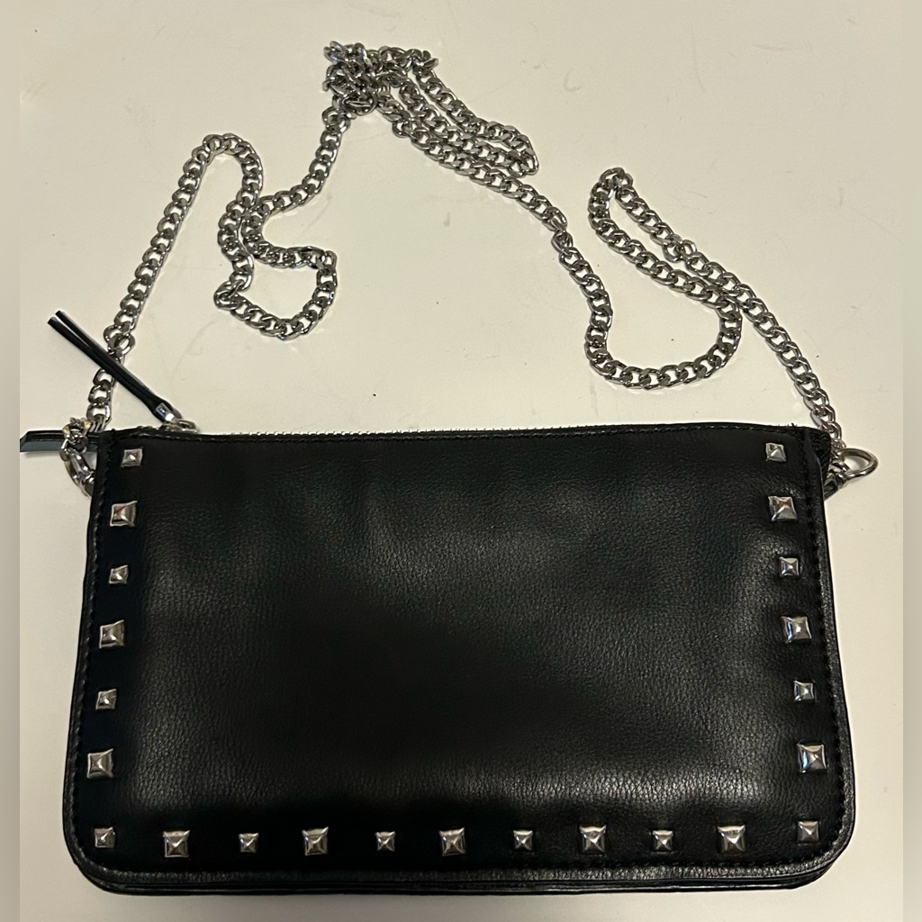 Zara Black Leather Studded Clutch Shoulder Bag Chain Strap